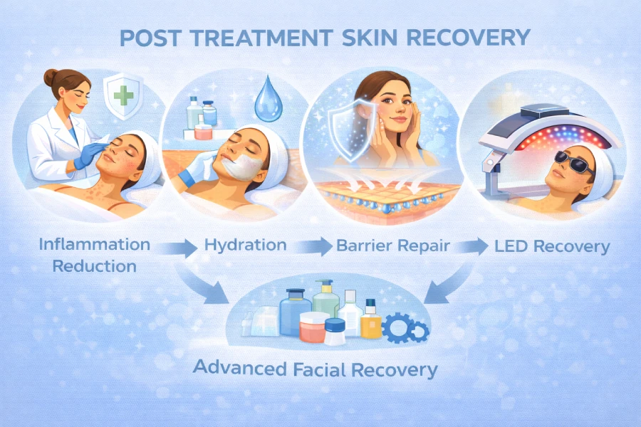 Post-treatment skin recovery guide for estheticians showing inflammation reduction, hydration support, barrier repair, LED recovery, and advanced facial recovery protocols