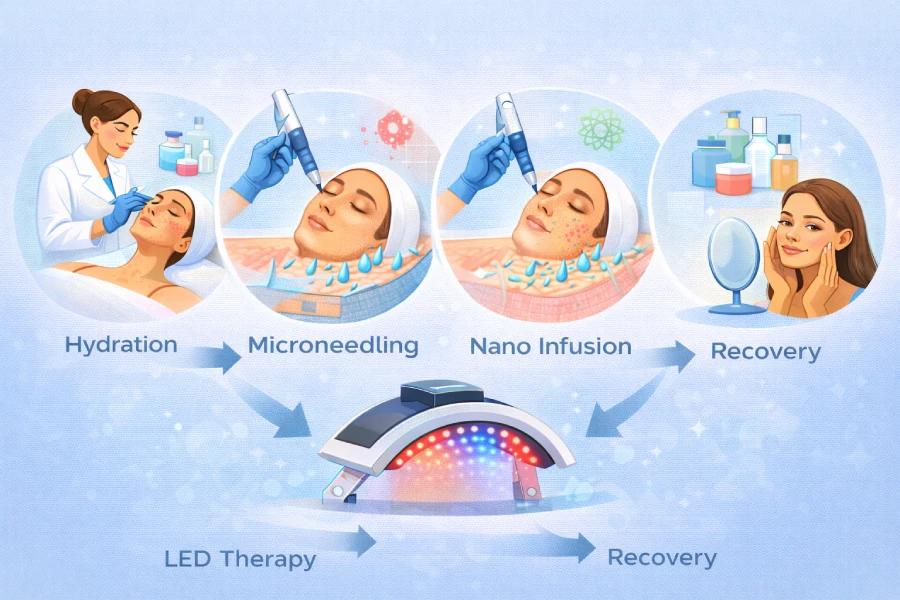 Professional facial treatments guide for estheticians showing hydration, microneedling, nano infusion, LED therapy, and post-treatment recovery