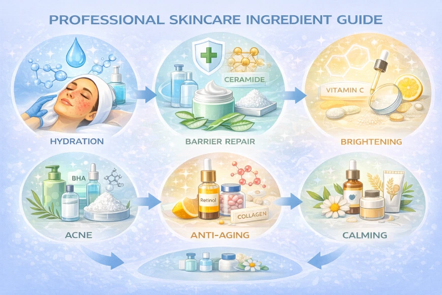 Professional skincare ingredient guide for estheticians showing hydration ingredients, barrier repair ingredients, brightening ingredients, acne ingredients, anti-aging ingredients, and calming ingredients