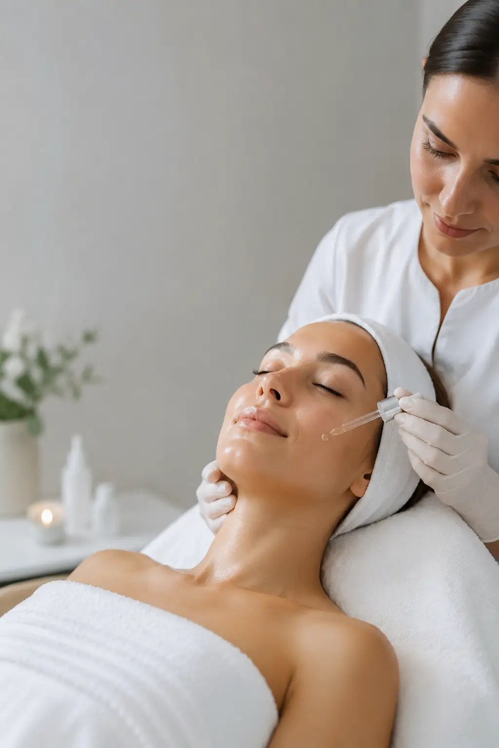 Skin barrier repair facial treatment showing esthetician applying soothing hydration mask for post-treatment recovery