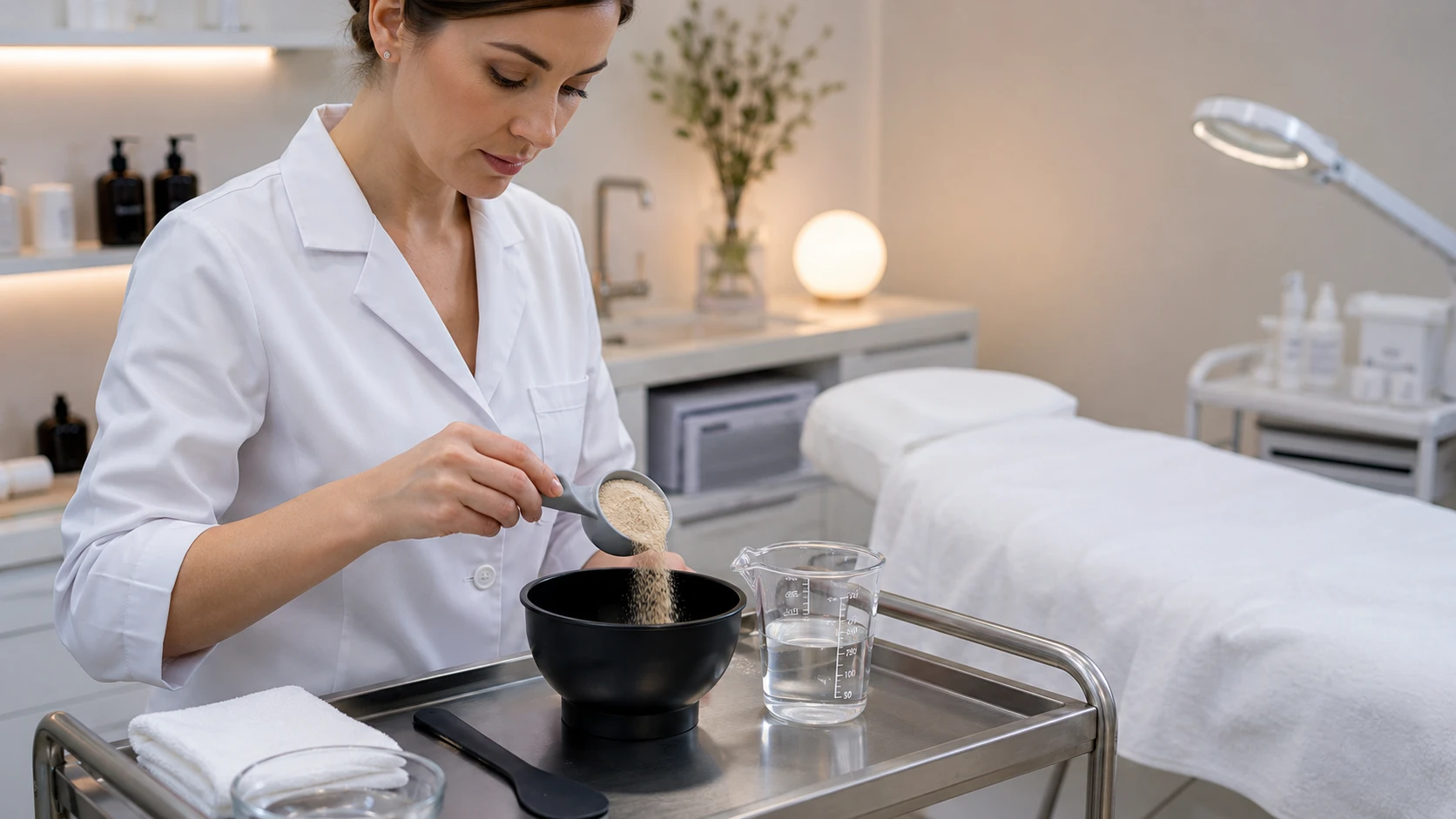 Professional esthetician measuring jelly mask powder and water with precision measuring tools in a treatment room setting