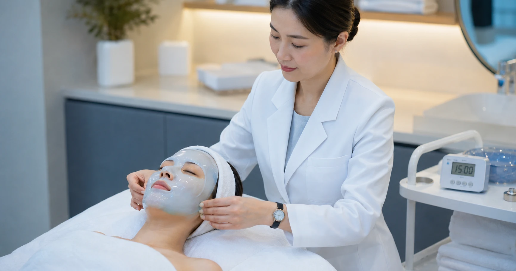 Esthetician monitoring a set jelly mask on a client in a professional clinical treatment room