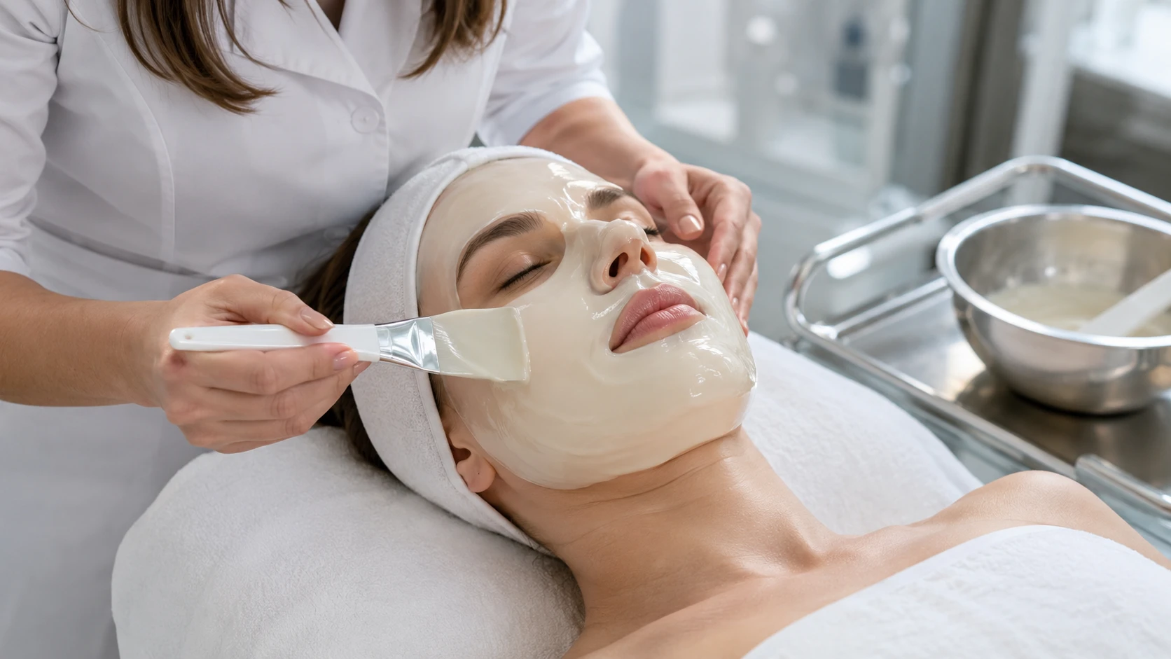 Esthetician spreading jelly mask batter to correct 5&ndash;7mm depth using a professional mask spatula