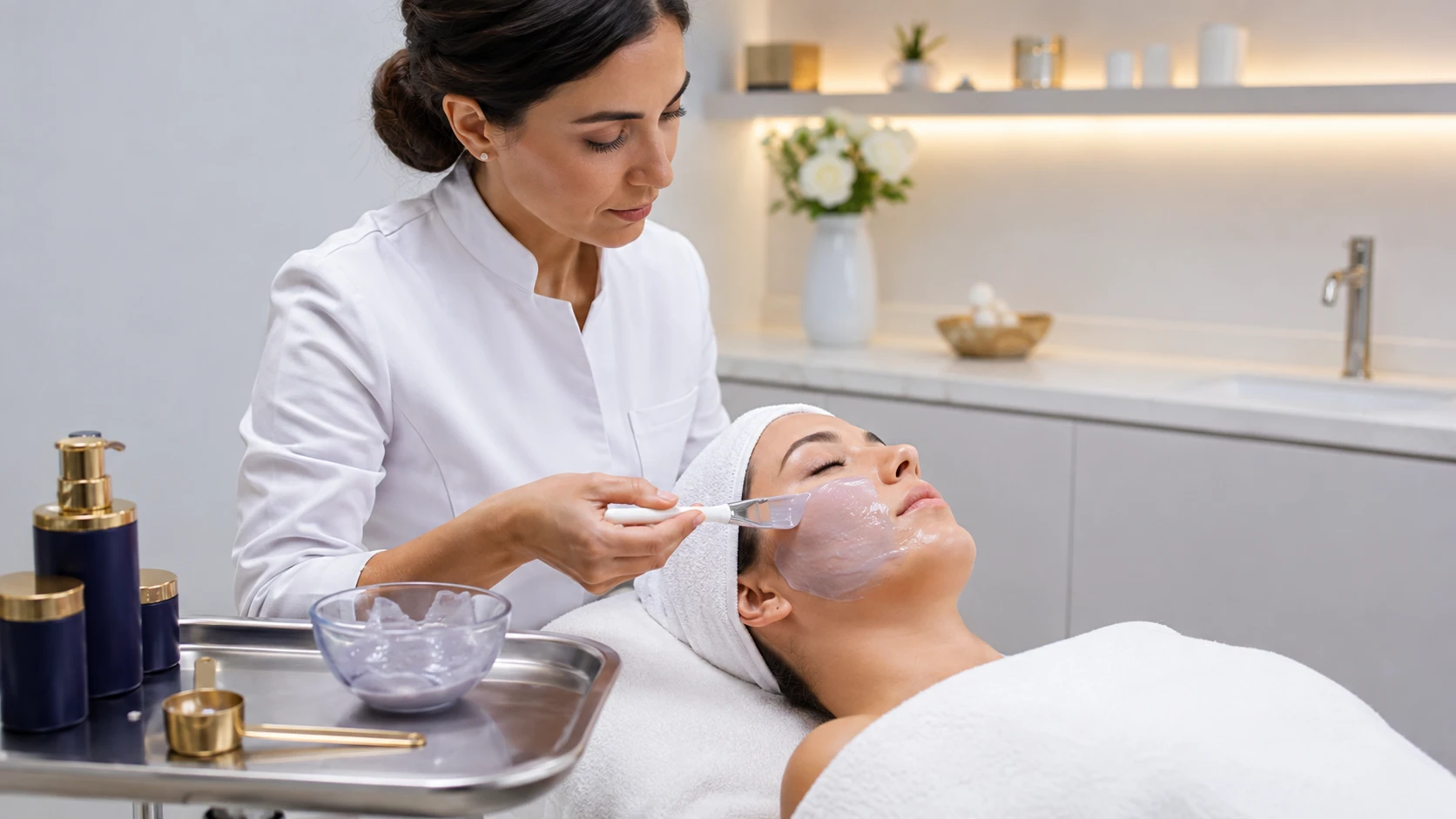 Esthetician applying a professional jelly mask with a clean, precise spatula technique in a well-prepared treatment room
