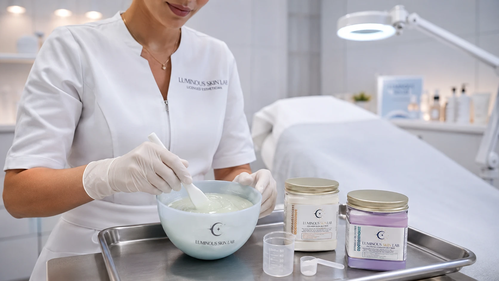 Professional esthetician mixing a jelly mask to correct consistency in a clinical treatment room setting
