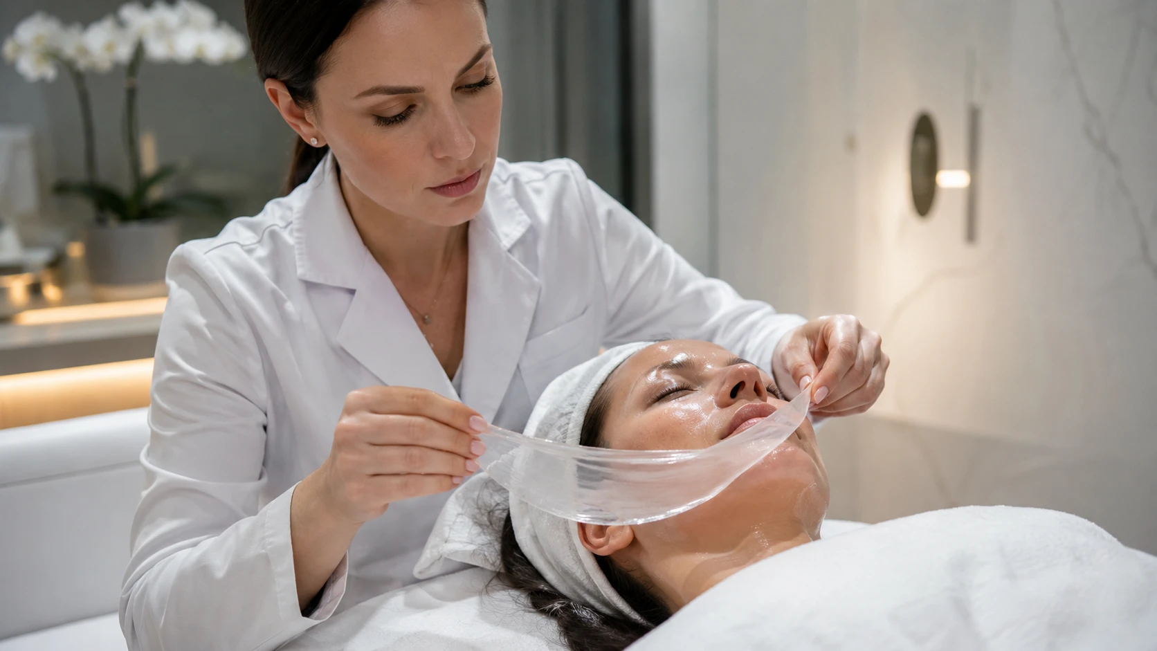 Professional esthetician performing single-piece jelly mask removal from a client in a clinical treatment room