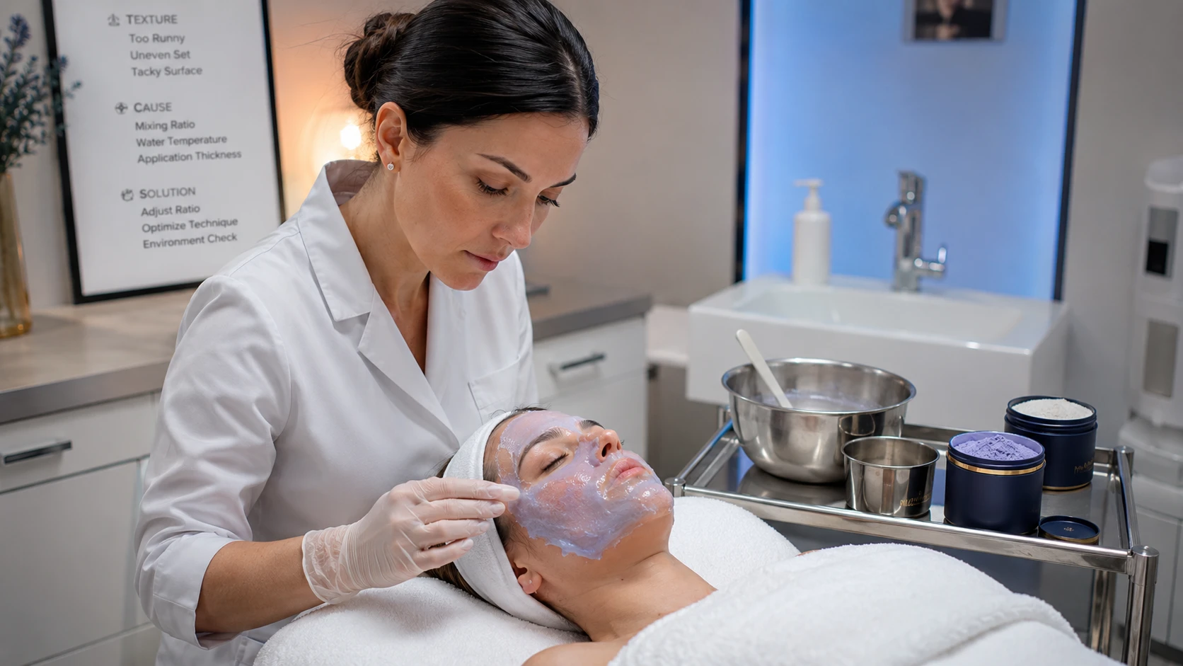 Esthetician assessing a jelly mask application problem in a professional clinical treatment room