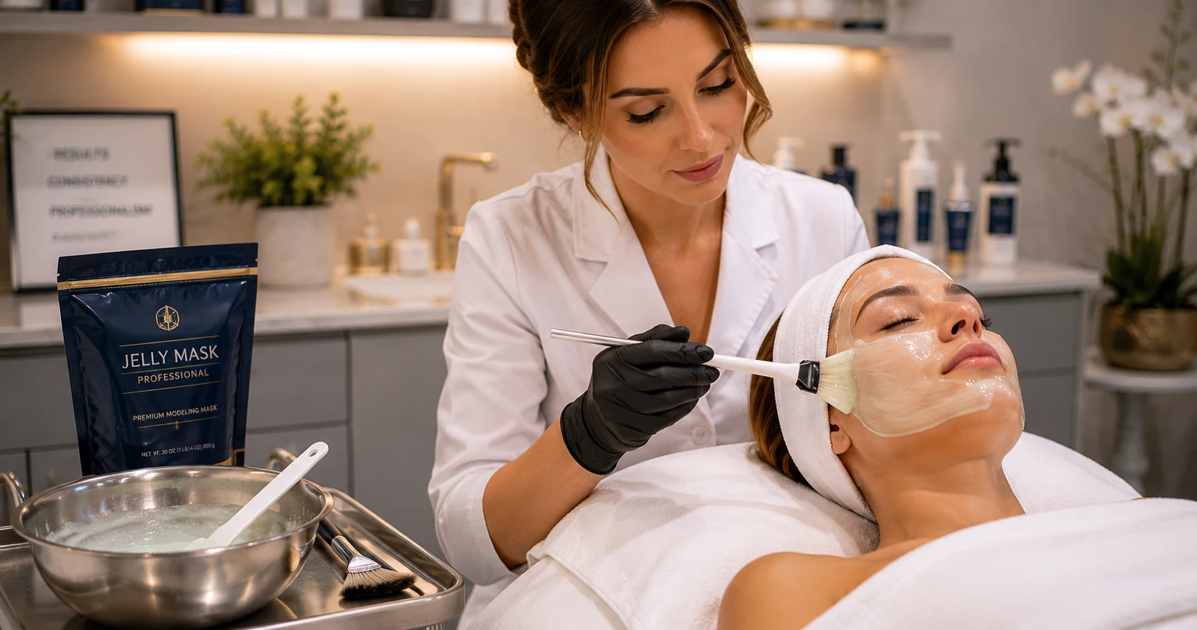 Licensed esthetician demonstrating professional jelly mask application technique using a fan brush in a clinical treatment room
