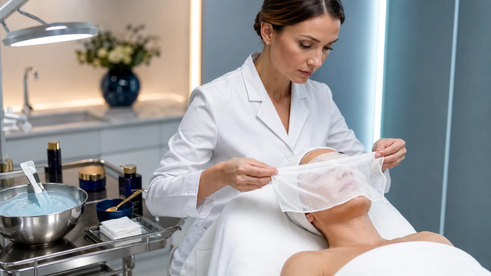 Esthetician laying gauze over a client&rsquo;s face before jelly mask application in a professional treatment room