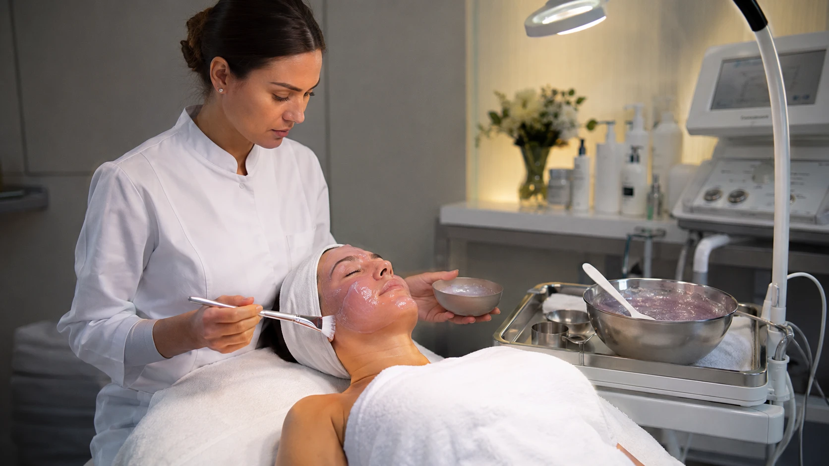 Esthetician working quickly to apply a professional jelly mask before premature setting compromises full-face coverage