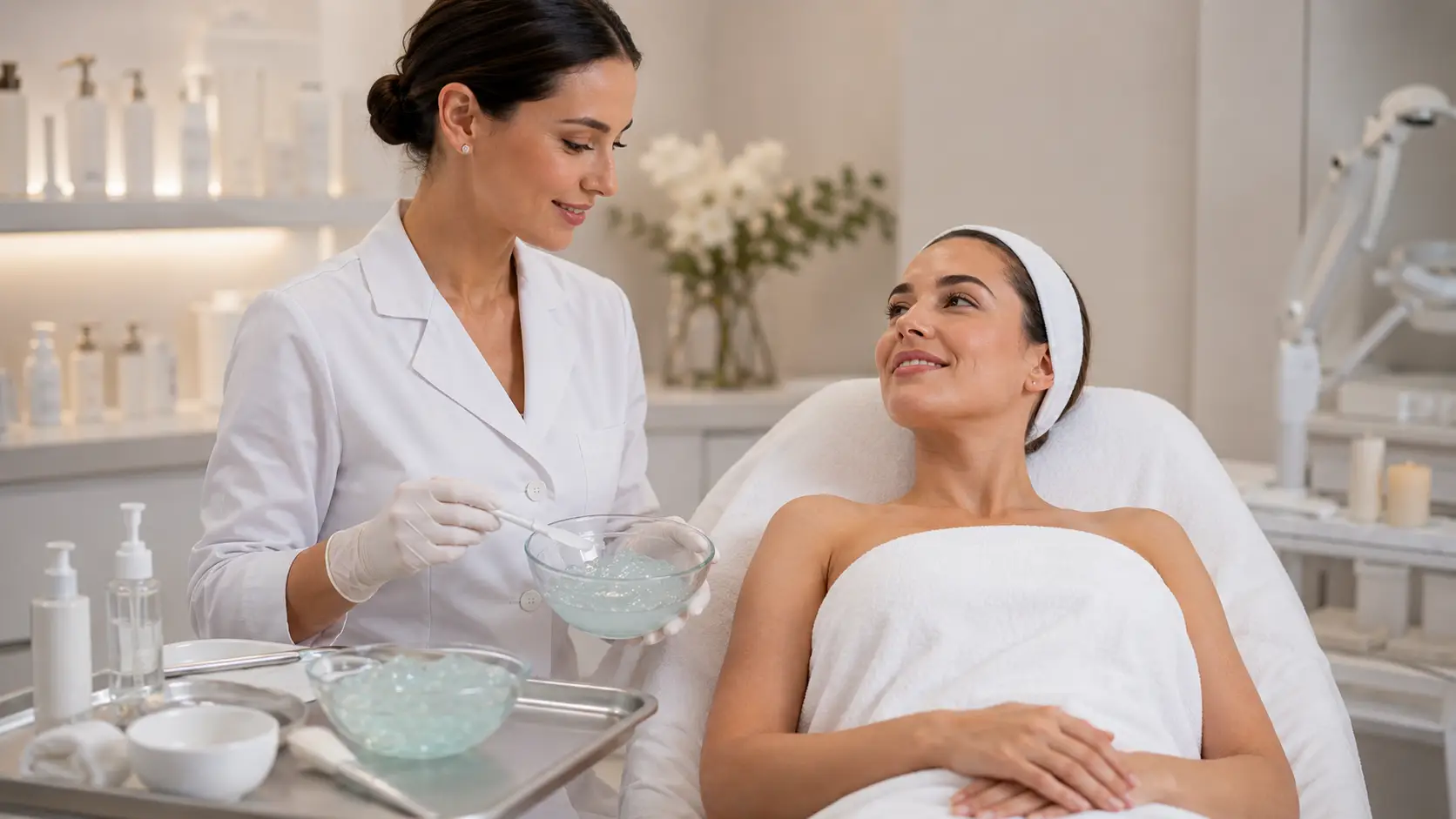 Esthetician presenting a jelly mask add-on upgrade to a client during a professional facial treatment