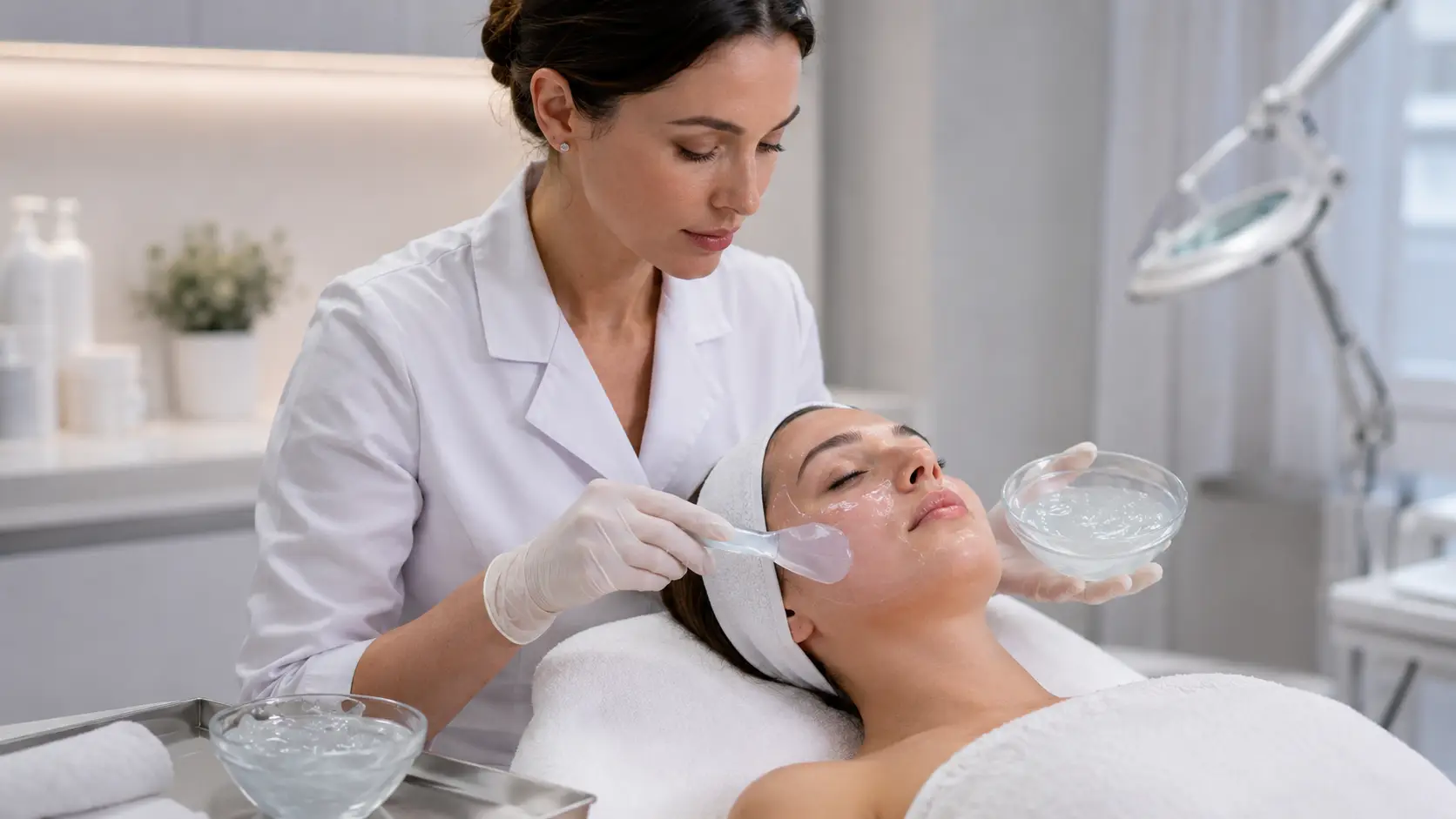 Esthetician examining client skin pore condition before applying a professional jelly mask treatment in a clinical setting