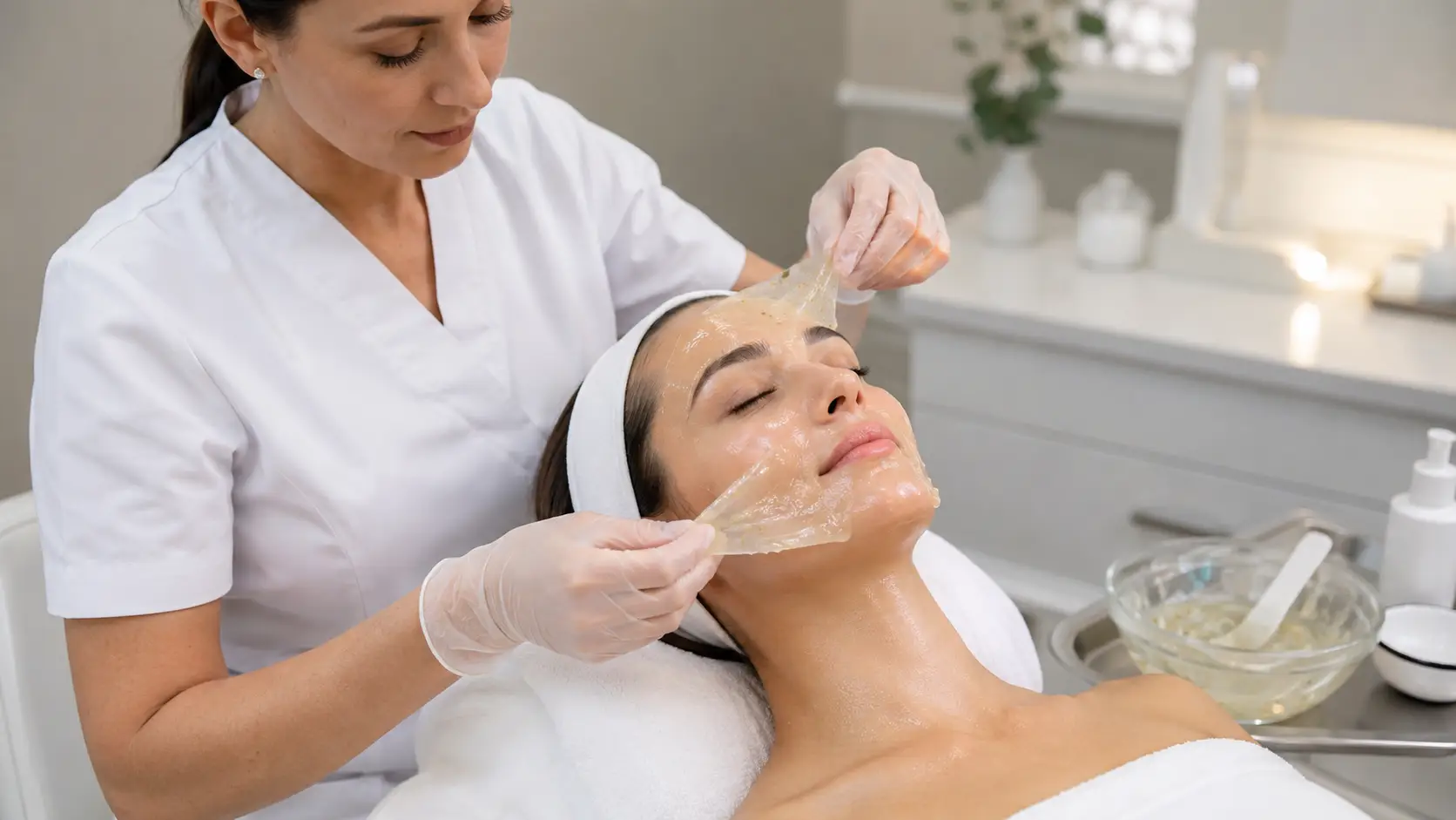 Licensed esthetician applying a professional jelly mask over serum-prepped skin in a clinical treatment room setting