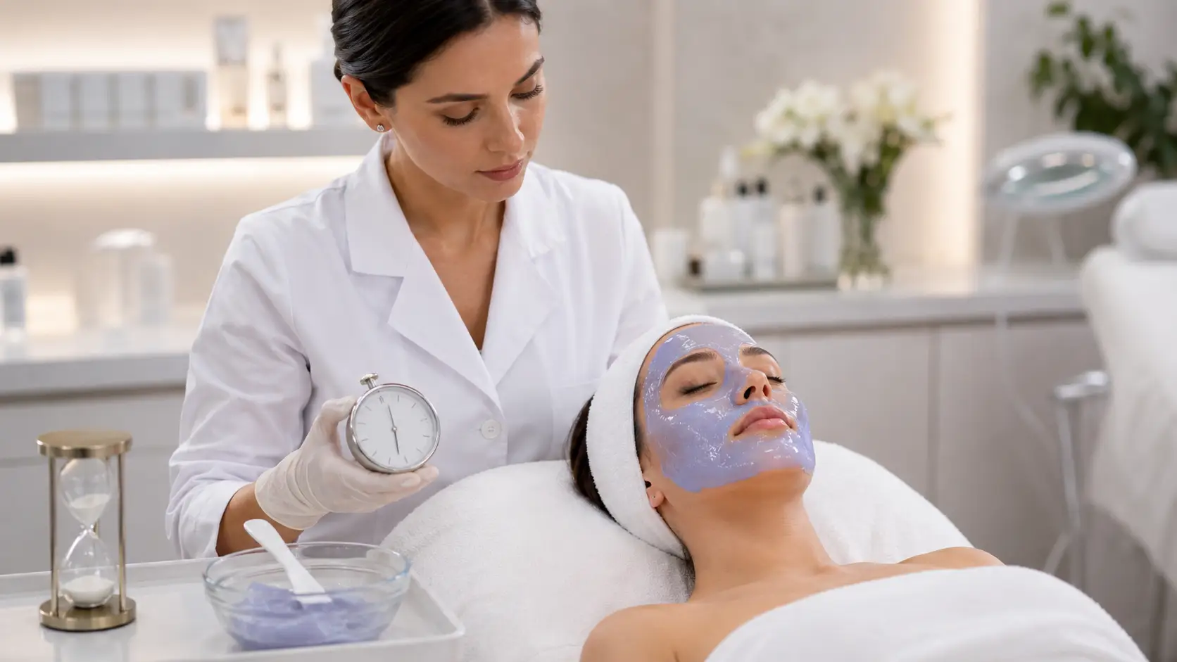 Professional esthetician monitoring jelly mask set time during a clinical facial treatment