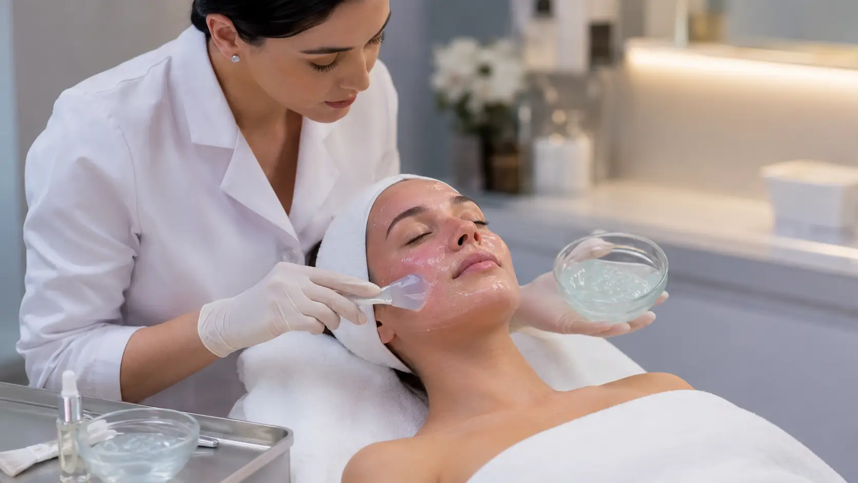 Esthetician applying a professional jelly mask to a client immediately following a microneedling treatment in a clinical treatment room setting