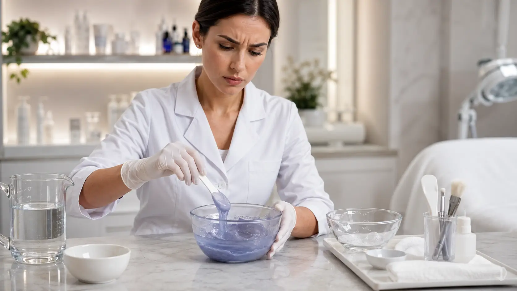 Esthetician mixing a professional jelly mask powder with water in a treatment room, demonstrating proper ratio and technique to control set time