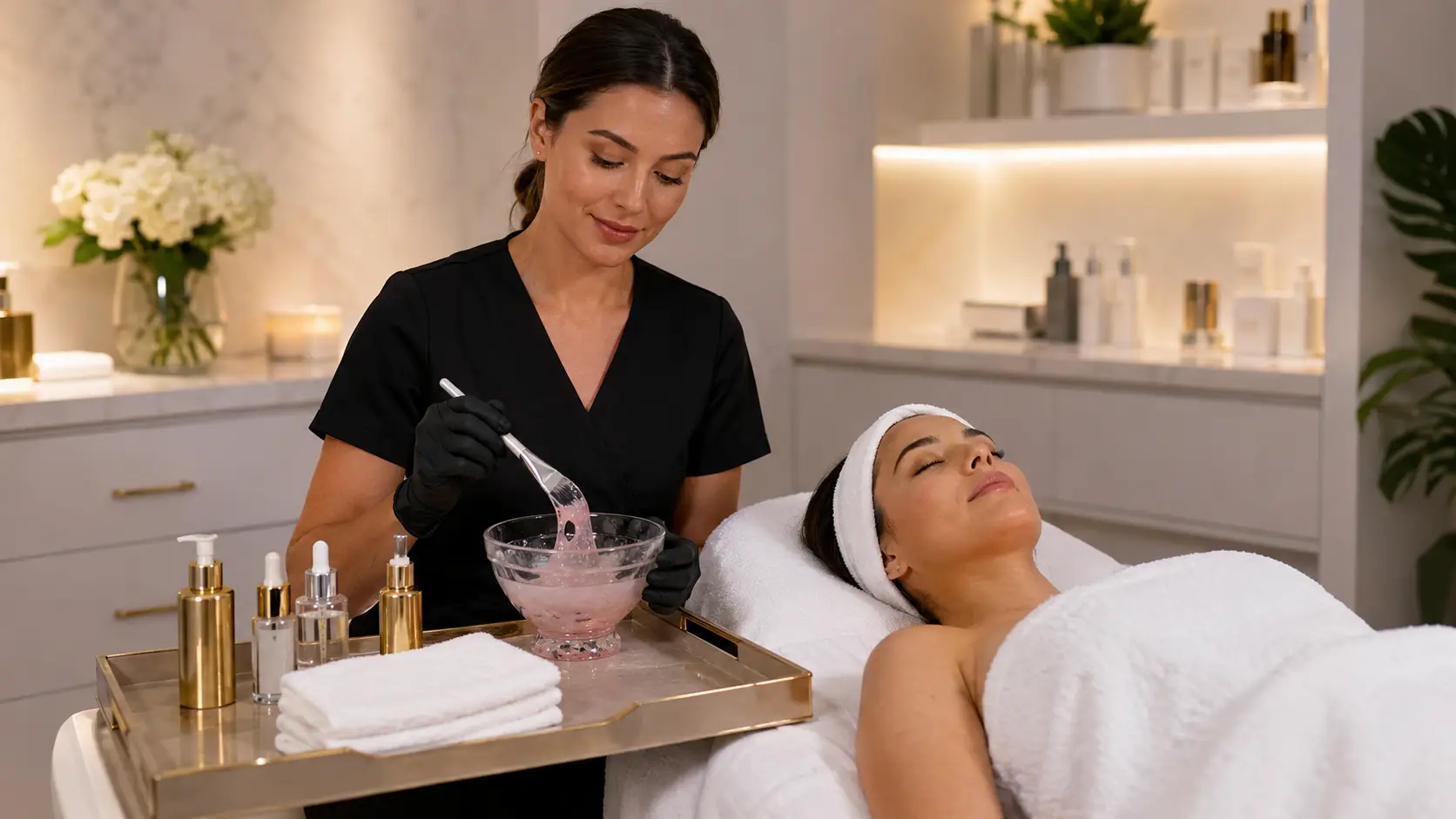 Licensed esthetician applying a professional jelly mask in a clinical treatment room — a high-value service upgrade that delivers visible hydration results and memorable client experiences