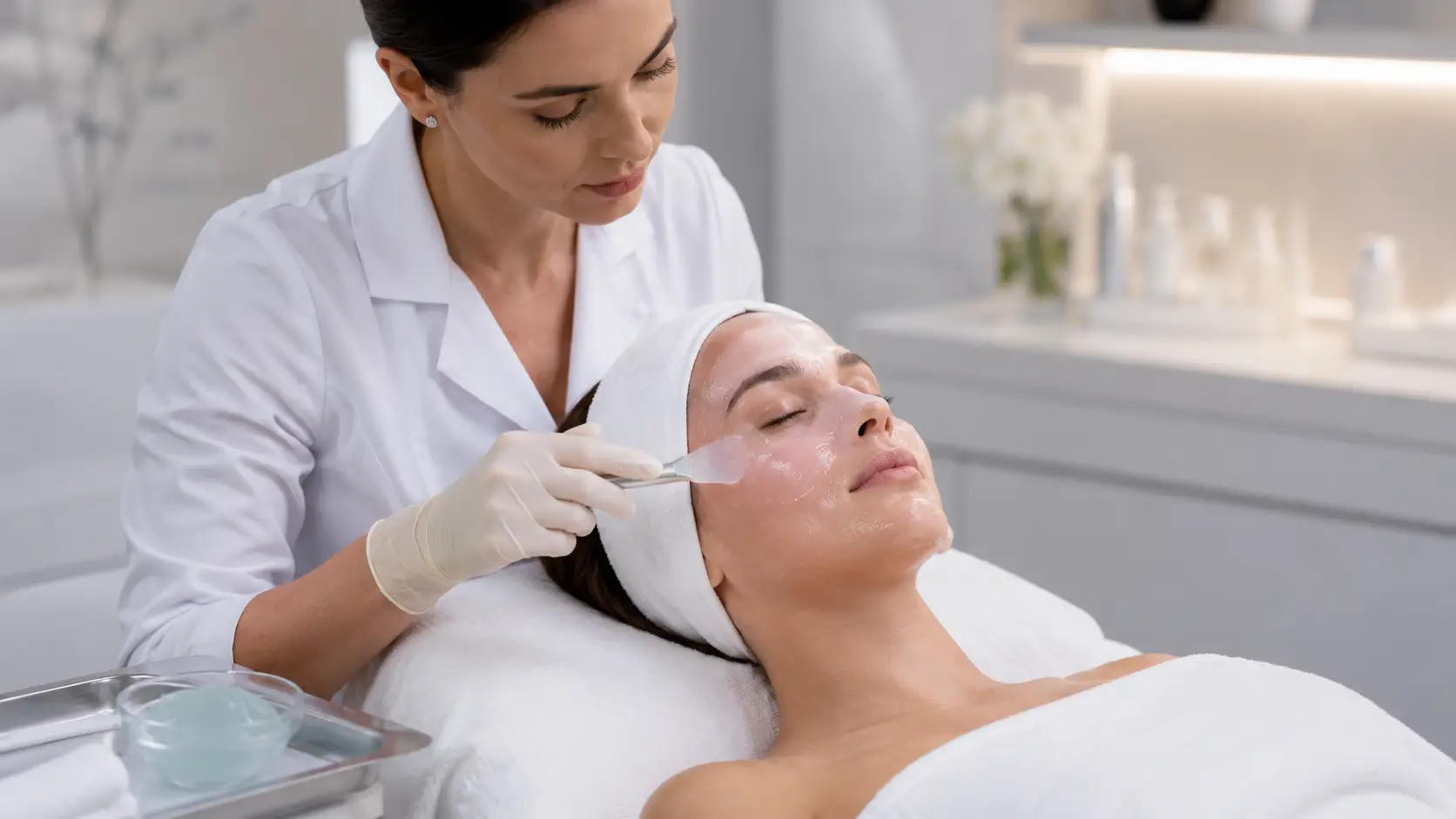 Professional esthetician applying a jelly mask around the delicate eye area using precise technique in a clinical treatment room