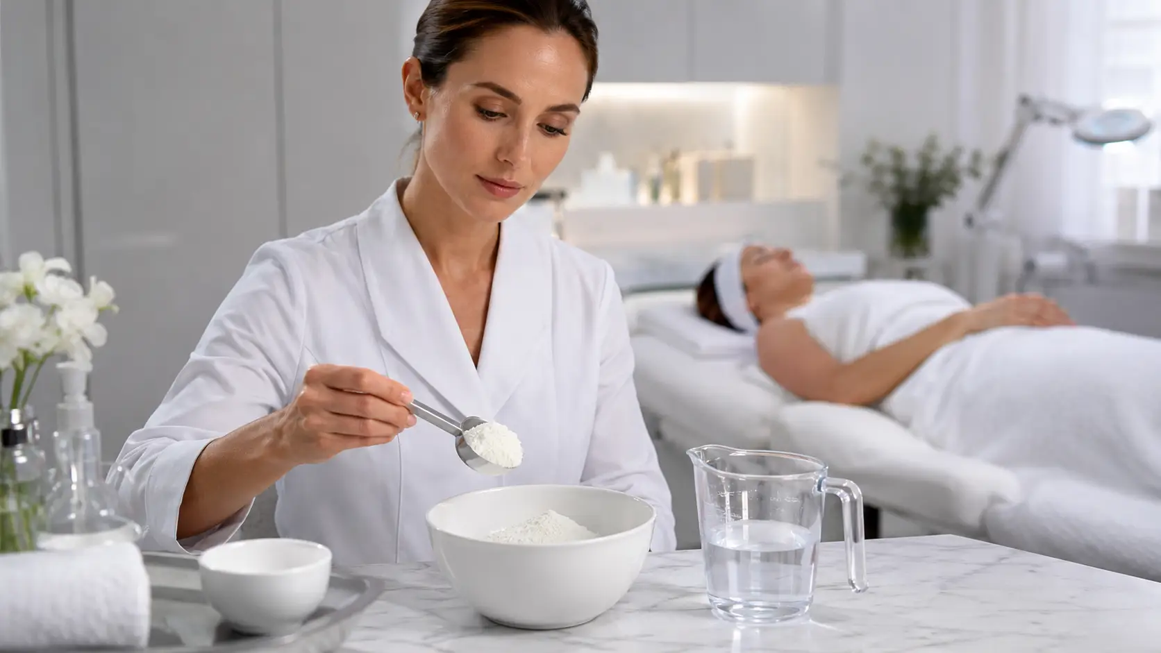Esthetician measuring two scoops of jelly mask powder into a mixing bowl in a professional treatment room