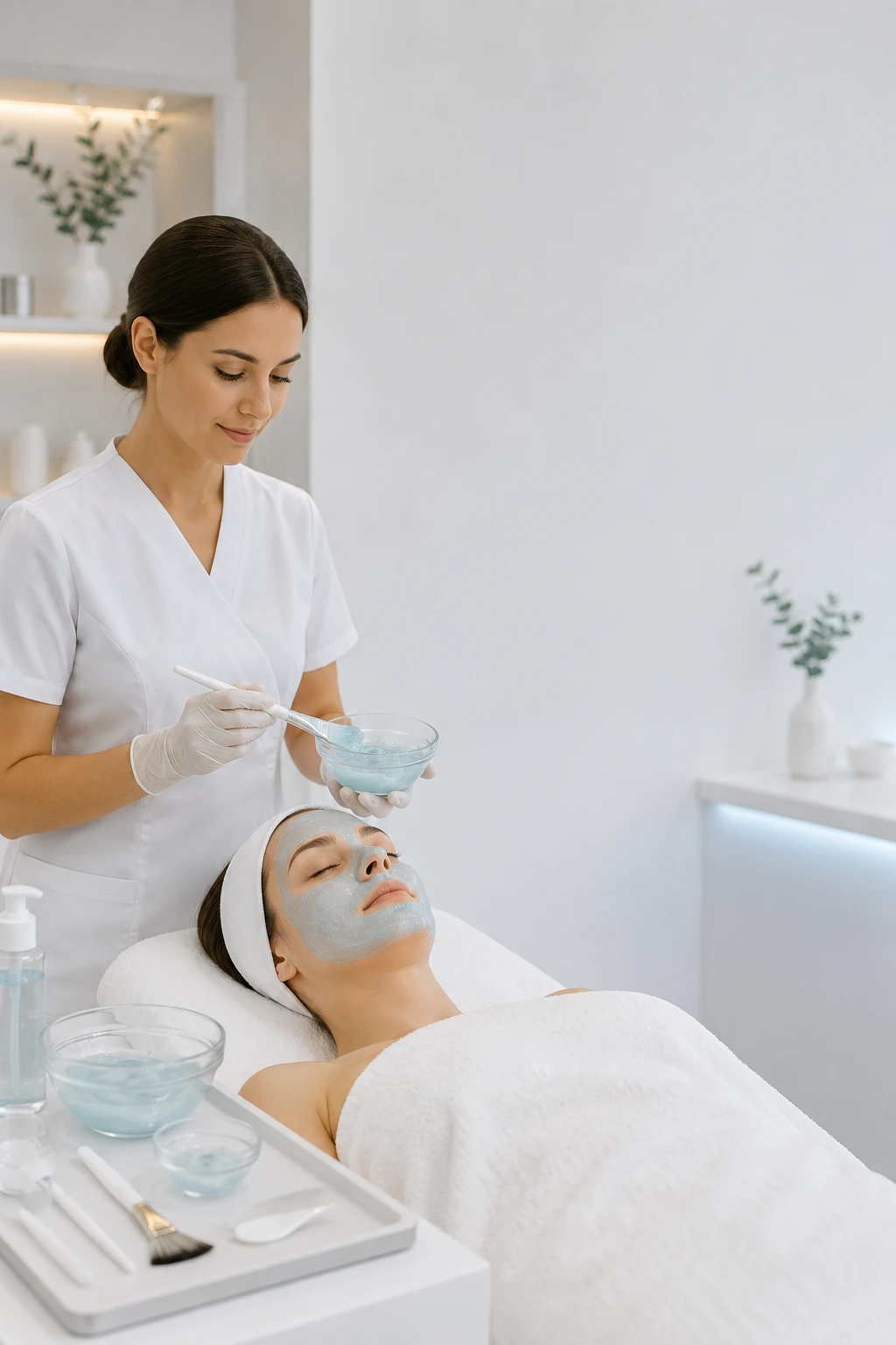 Esthetician preparing a jelly mask treatment workflow in a professional spa room with bowls, brushes, and facial tools