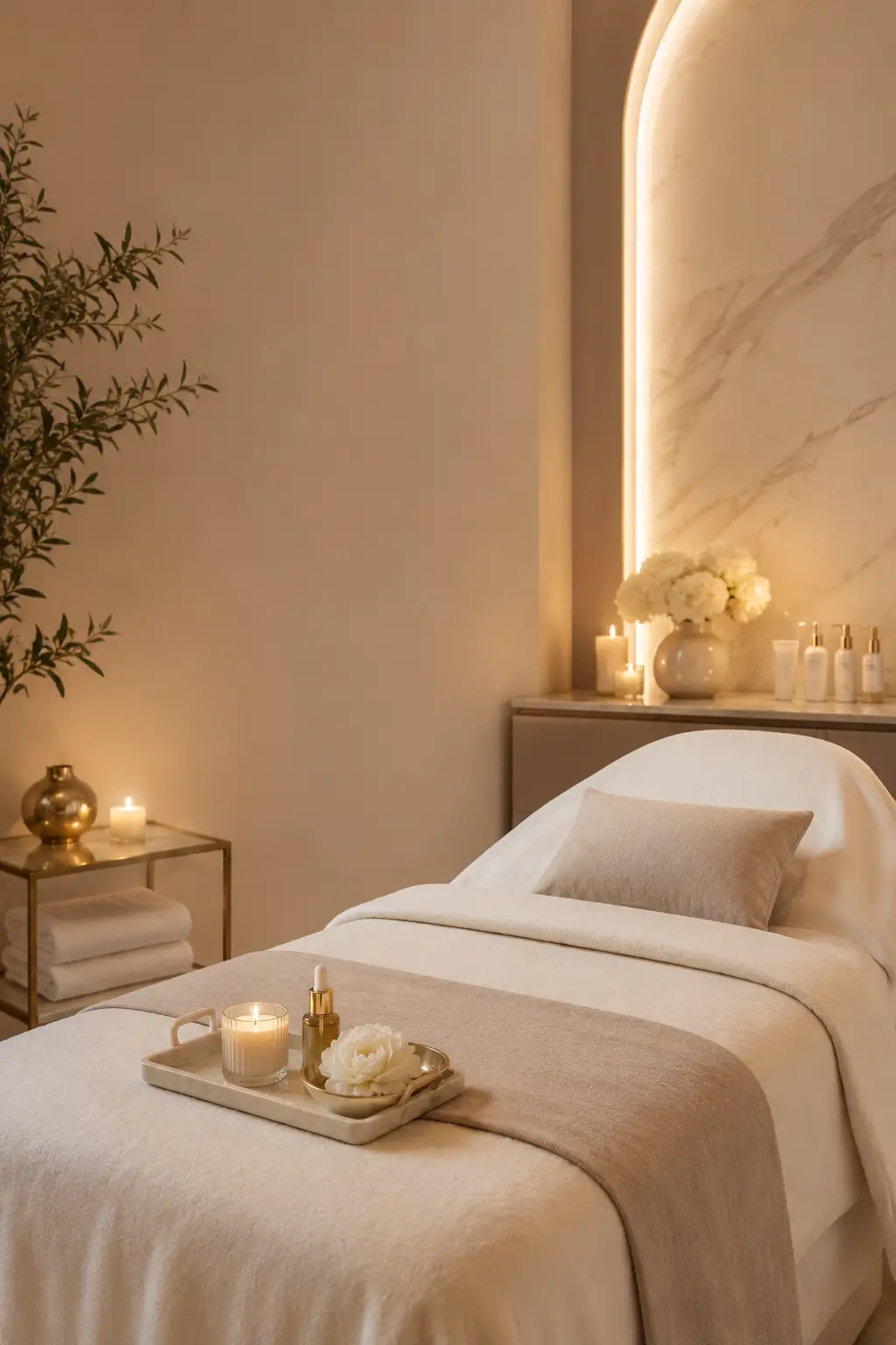 Clean esthetician treatment room with facial tools, towels, skincare bowls, and beginner facial setup