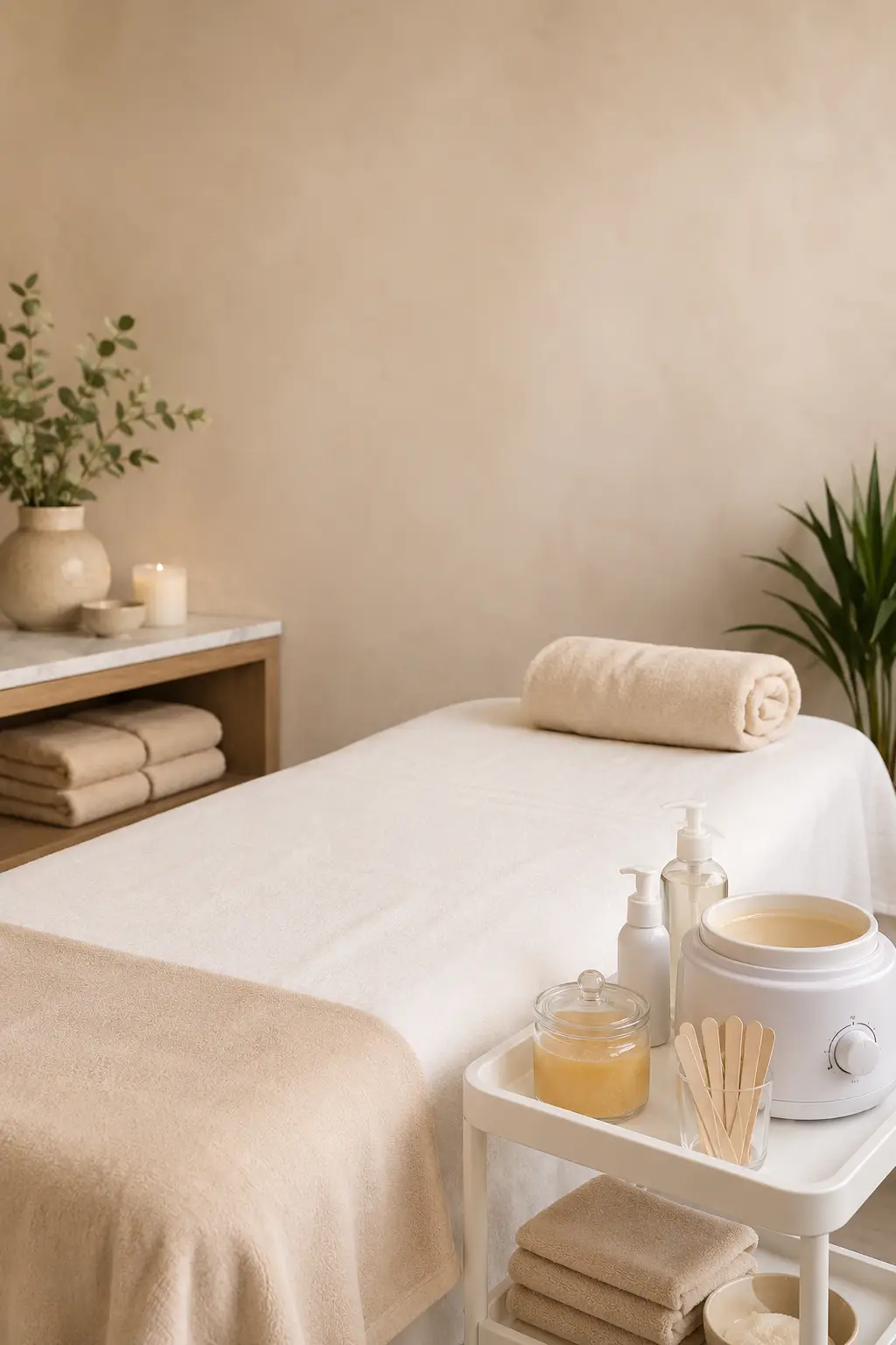 Minimal skincare workspace with tablet, notebook, products, and spa treatment room for esthetician education content