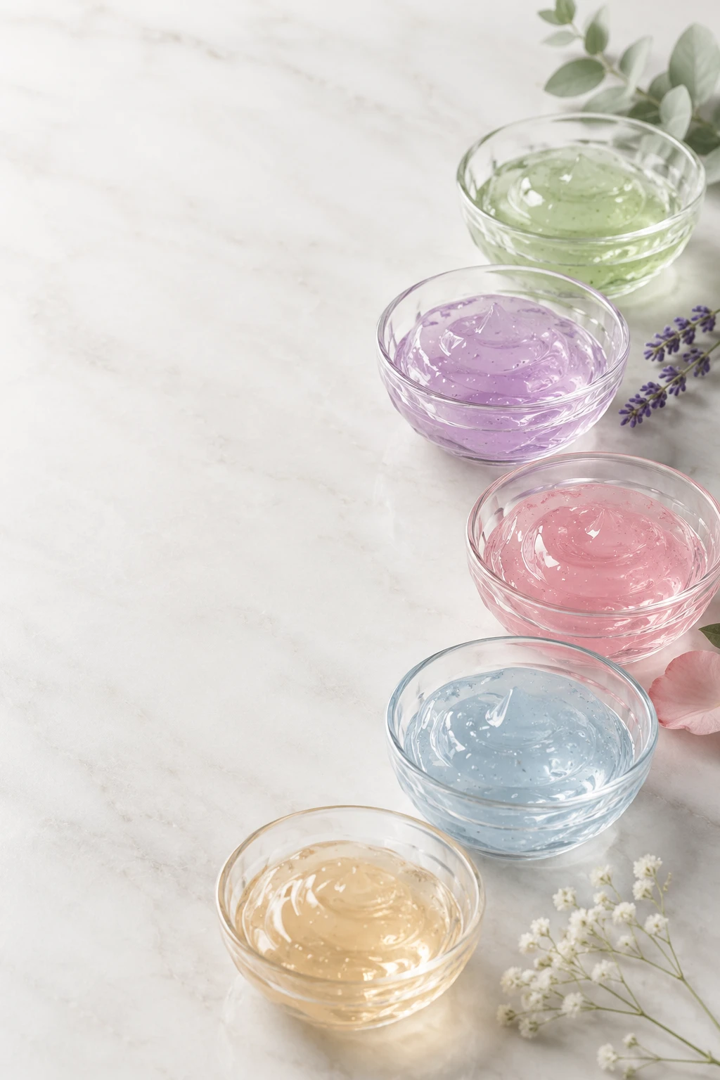 Multiple colorful jelly mask bowls arranged on a clean spa surface for professional product comparison