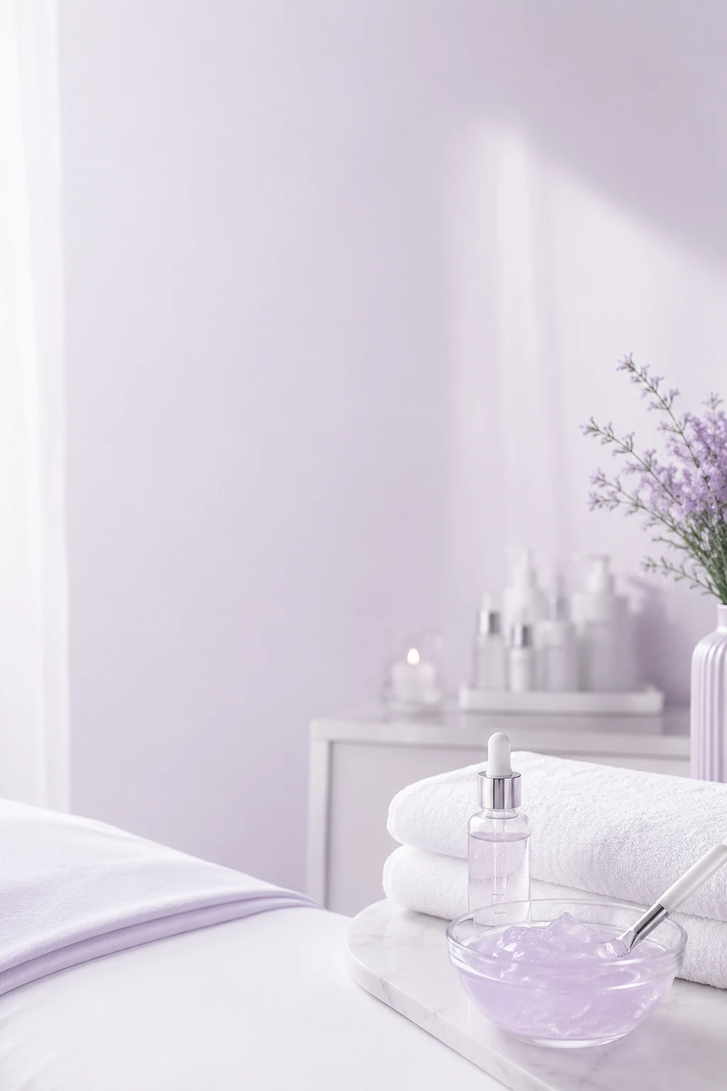 Professional jelly mask recovery setup with treatment towels, serum bottle, and calming post-treatment skincare products
