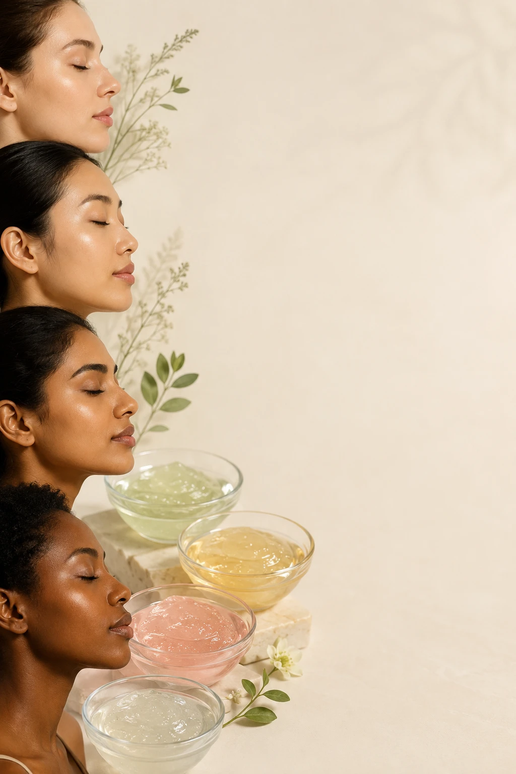 Diverse skin type comparison concept with professional jelly mask bowls for customized esthetic treatment selection