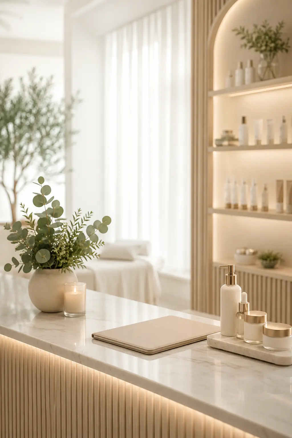 Elegant spa reception desk with skincare products, treatment room background, and professional wellness business setting