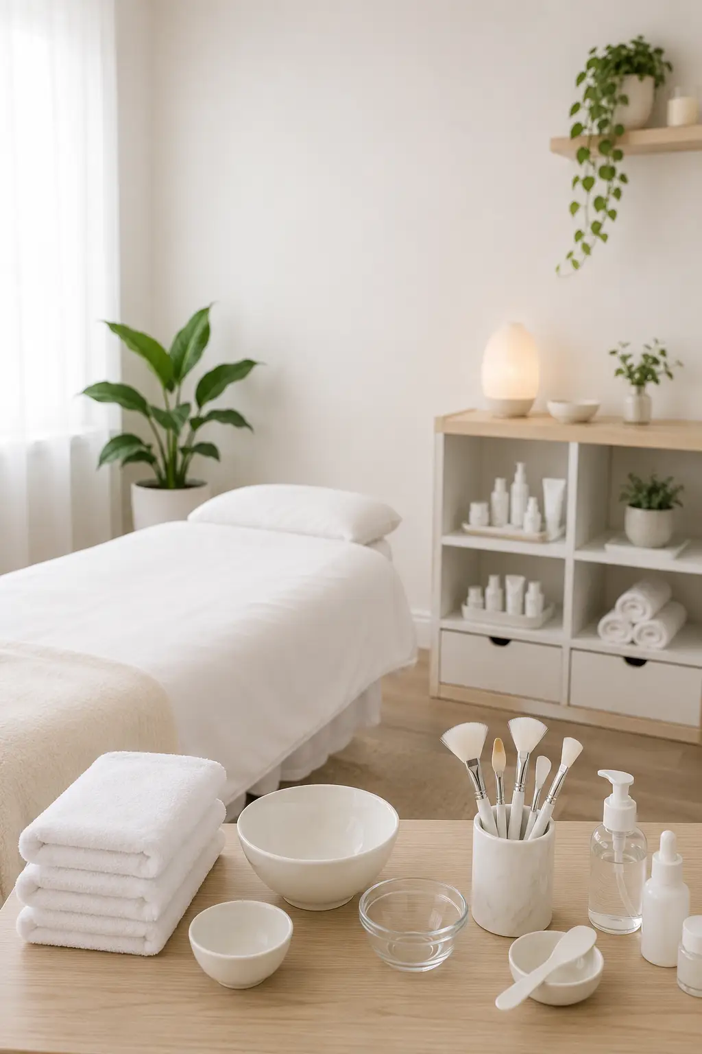 Professional body treatment room with waxing supplies, warm towels, skincare products, and clean spa setup