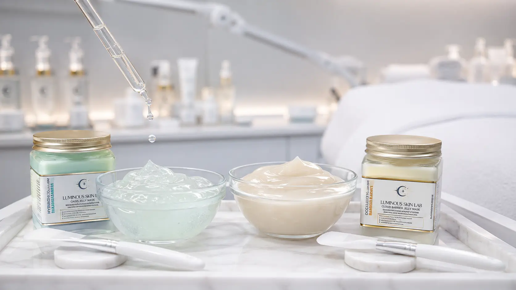 Professional esthetician applying a jelly mask that combines humectant and occlusive mechanisms for complete clinical hydration delivery