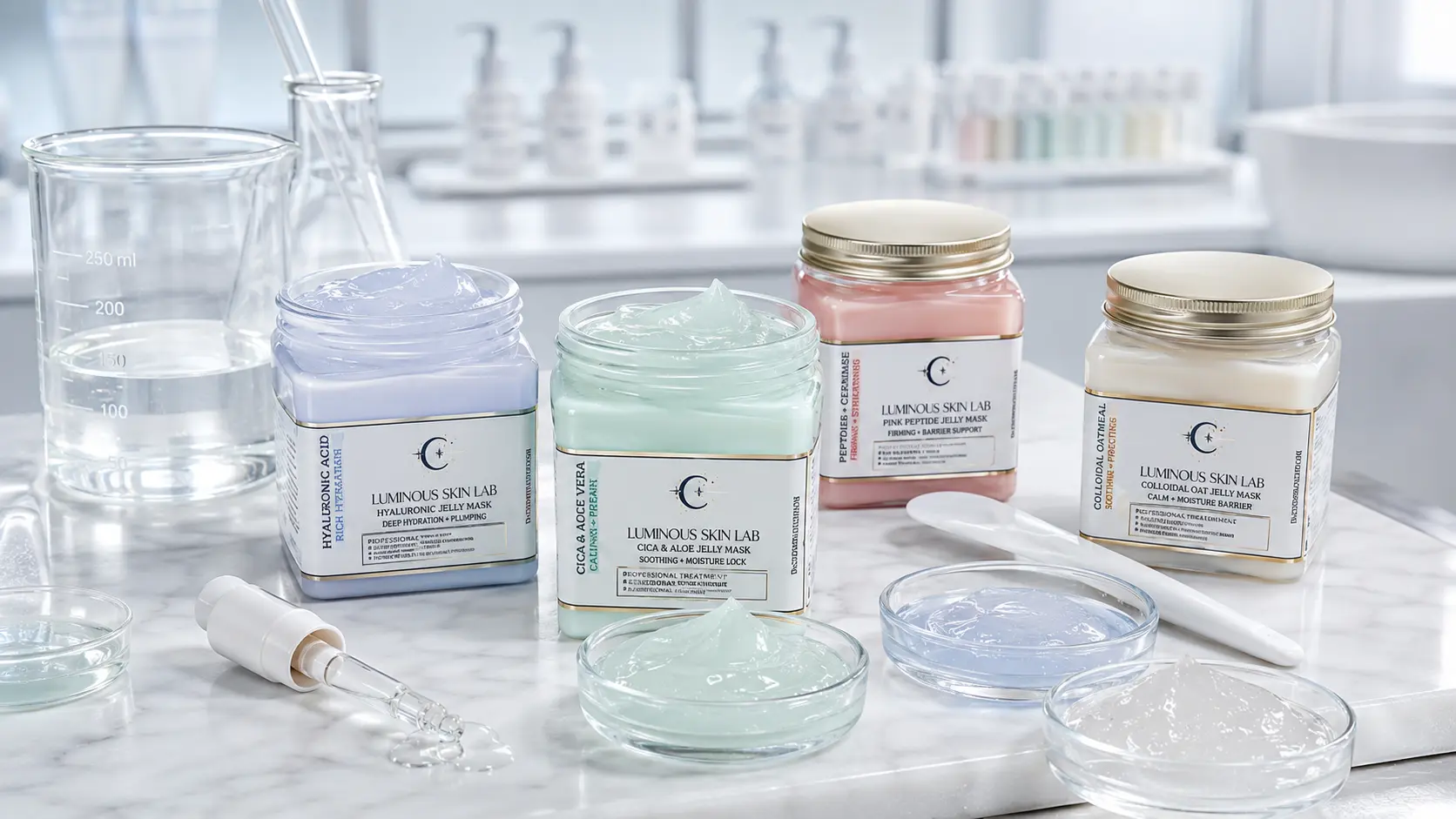Professional esthetician reviewing jelly mask ingredient labels in a clinical treatment room setting