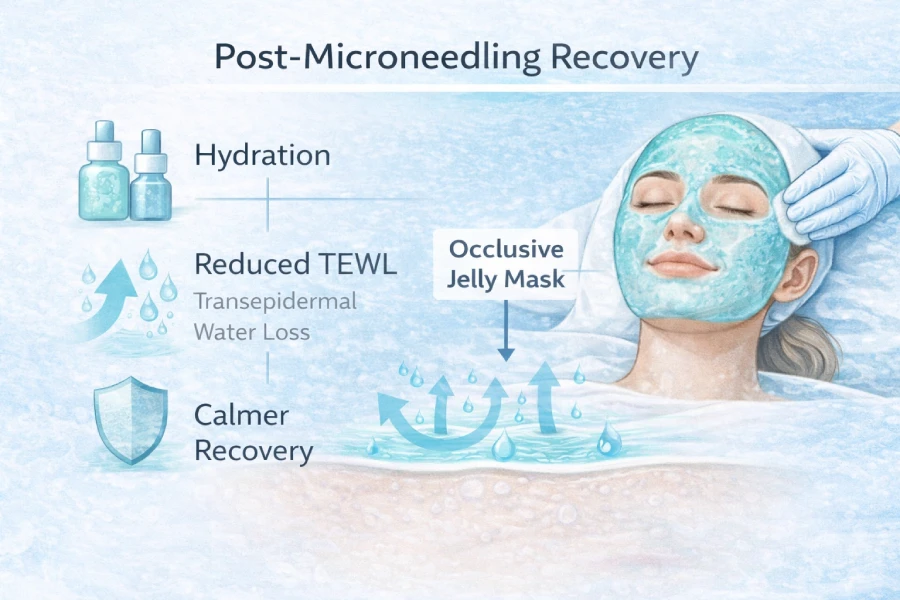 Educational diagram showing best masks after microneedling with hydration support, occlusive jelly mask application, reduced TEWL, and calmer recovery