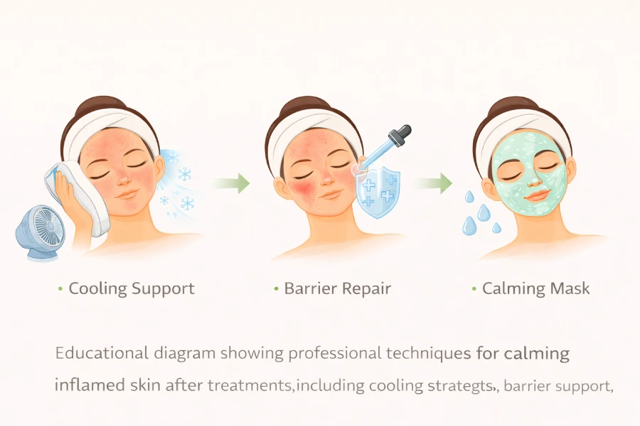 Post-treatment skin recovery diagram showing cooling support, barrier repair, and calming mask protocol for inflamed skin