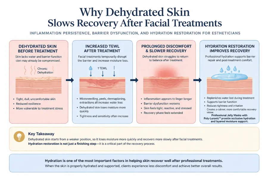 Infographic showing how dehydrated skin increases transepidermal water loss, weakens barrier recovery, and benefits from hydration restoration after facial treatments