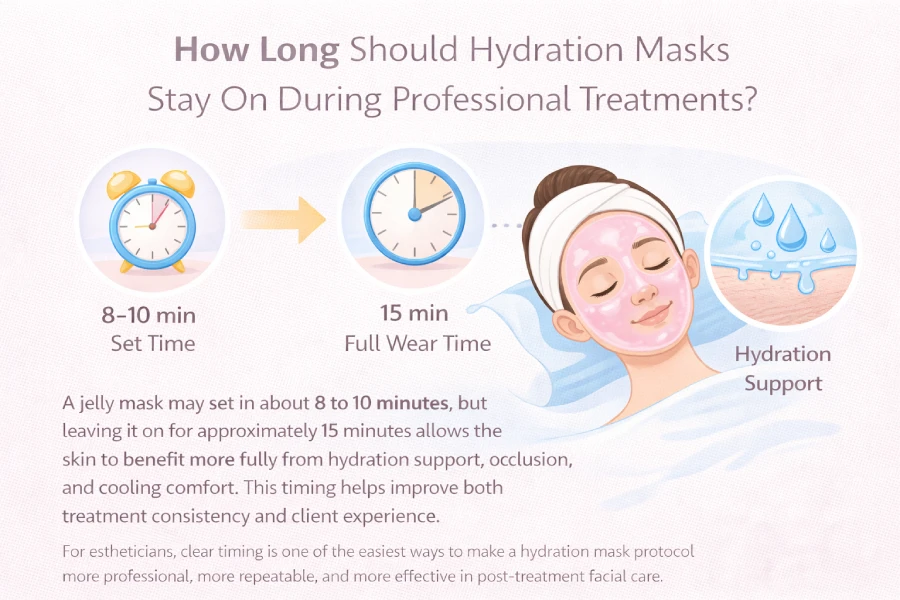 Esthetician timing a professional jelly mask application during a facial treatment using a treatment room timer beside the treatment bed