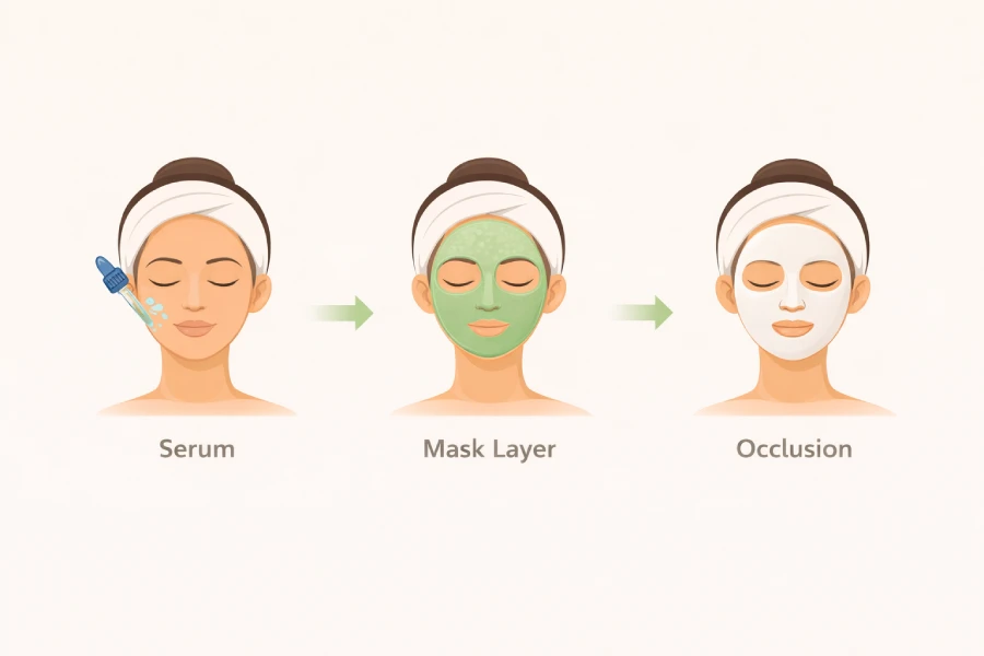 Hydration layering diagram showing serum application, mask layer, and occlusion step in professional facial treatment