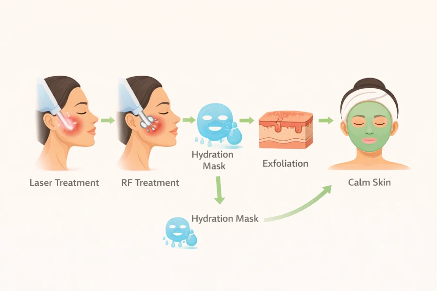 Hydration mask recovery diagram showing calming support after laser, RF, and exfoliation facial treatments