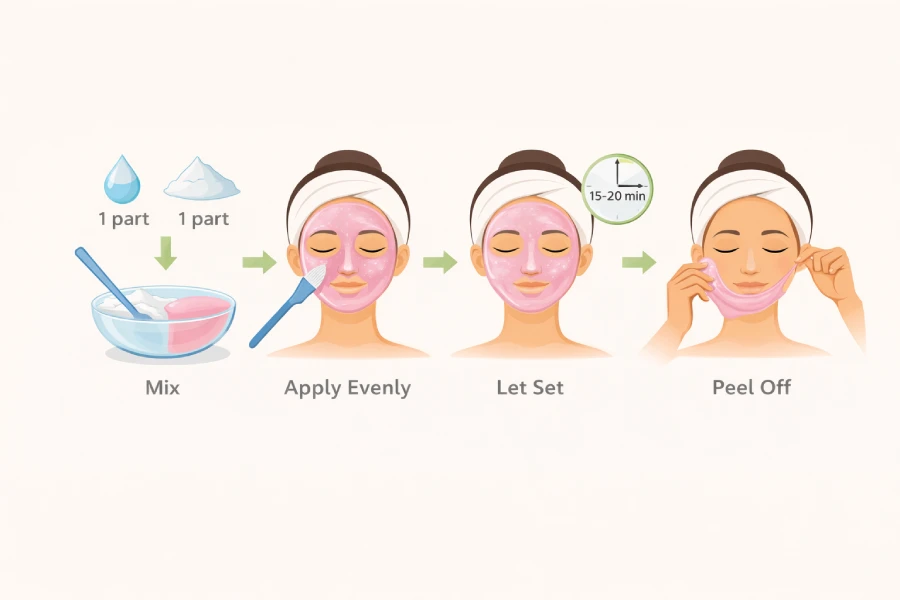 Step-by-step jelly mask application diagram showing mixing ratio, even mask thickness, setting time, and peel-off removal technique