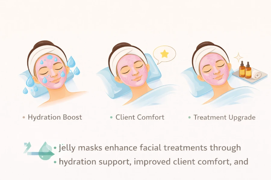 Professional jelly mask facial enhancement diagram showing hydration boost, client comfort, and treatment upgrade benefits
