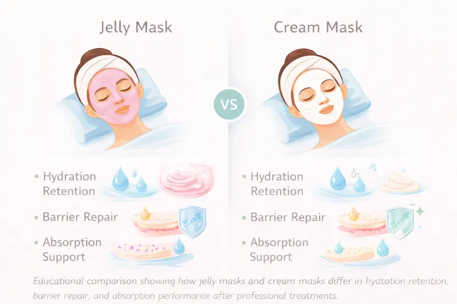 Comparison diagram showing jelly masks versus cream masks after professional treatments focusing on hydration retention, barrier repair, and absorption support