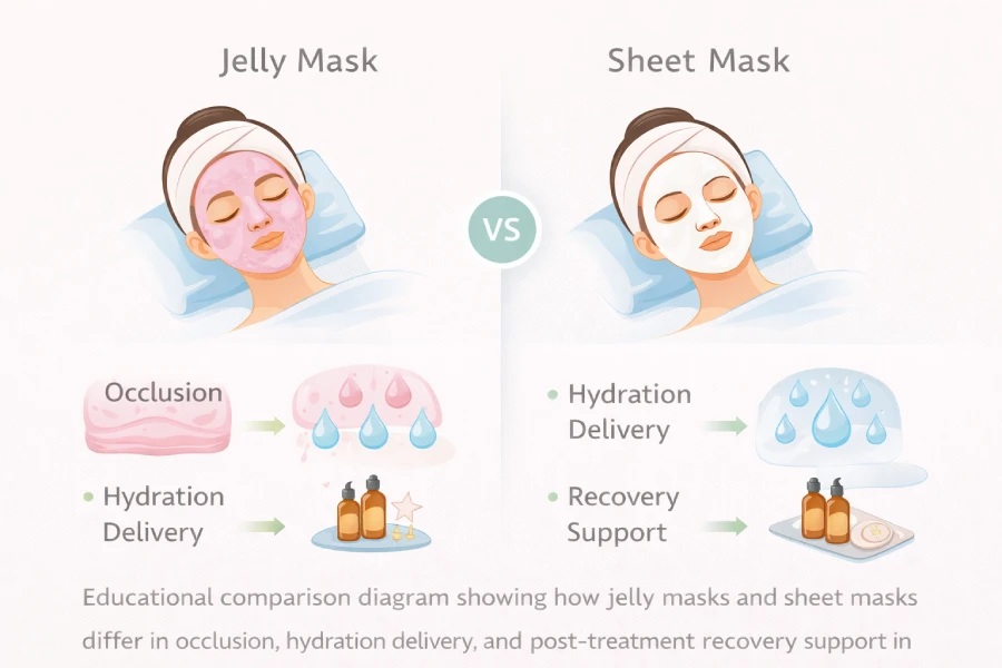 Comparison diagram showing jelly masks versus sheet masks for post-treatment hydration, occlusion, and treatment-room recovery support