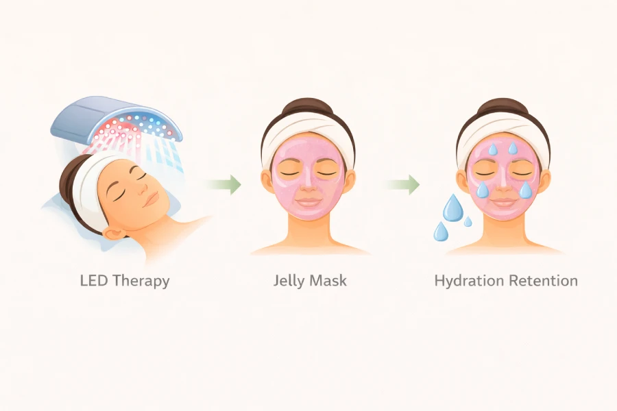 LED therapy and jelly mask recovery diagram showing treatment sequencing, calming support, and hydration retention after professional facial treatments