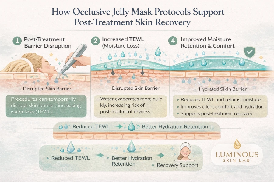 Infographic showing how jelly mask occlusion reduces transepidermal water loss, improves hydration retention, and supports post-treatment skin recovery in professional skincare
