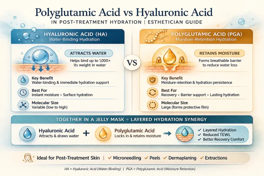 Infographic comparing polyglutamic acid and hyaluronic acid in post-treatment hydration, showing water-binding support, moisture retention, layered hydration, and jelly mask delivery