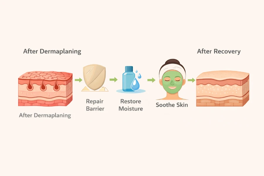 Post-dermaplaning hydration treatment diagram showing barrier repair, hydration restoration, and soothing recovery support after exfoliation