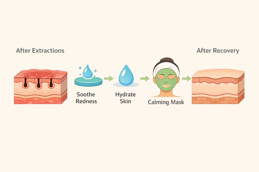 Post-extraction recovery diagram showing redness reduction, hydration support, calming mask application, and cleaner recovery after facial extractions