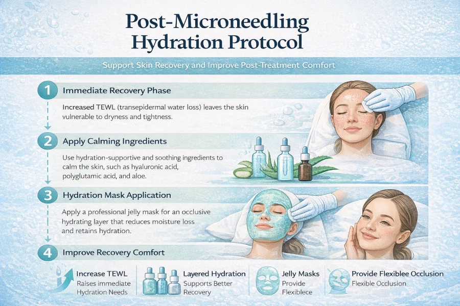 Post-microneedling hydration protocol diagram showing hydration, barrier support, occlusion, and recovery