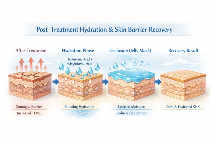 Post-treatment hydration support after esthetic procedures showing moisture retention and barrier recovery